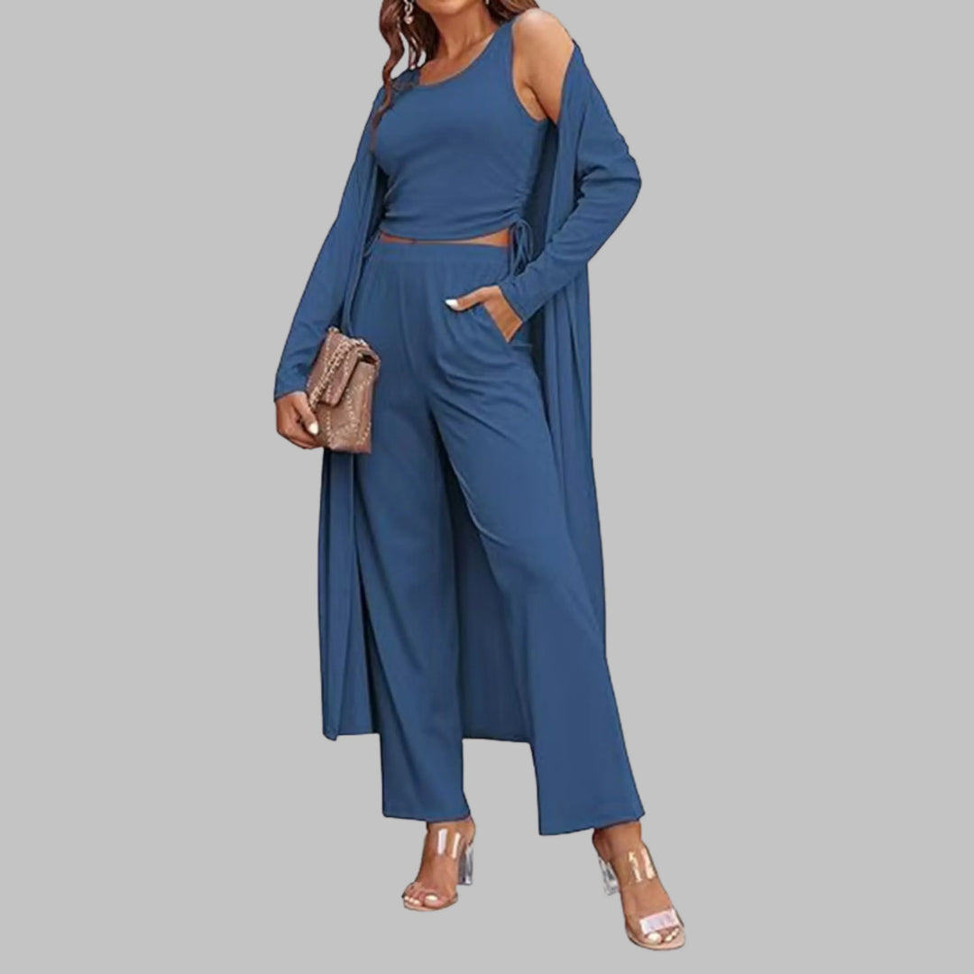 SANORA™ - Casual Lightweight Three Piece Long Cardigan Drawstring Top and Pants Sleepwear - MABEL LONDON