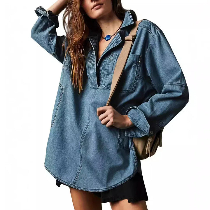 NALINAE™ – Chic V-Neck Denim Tunic Top - MABEL LONDON