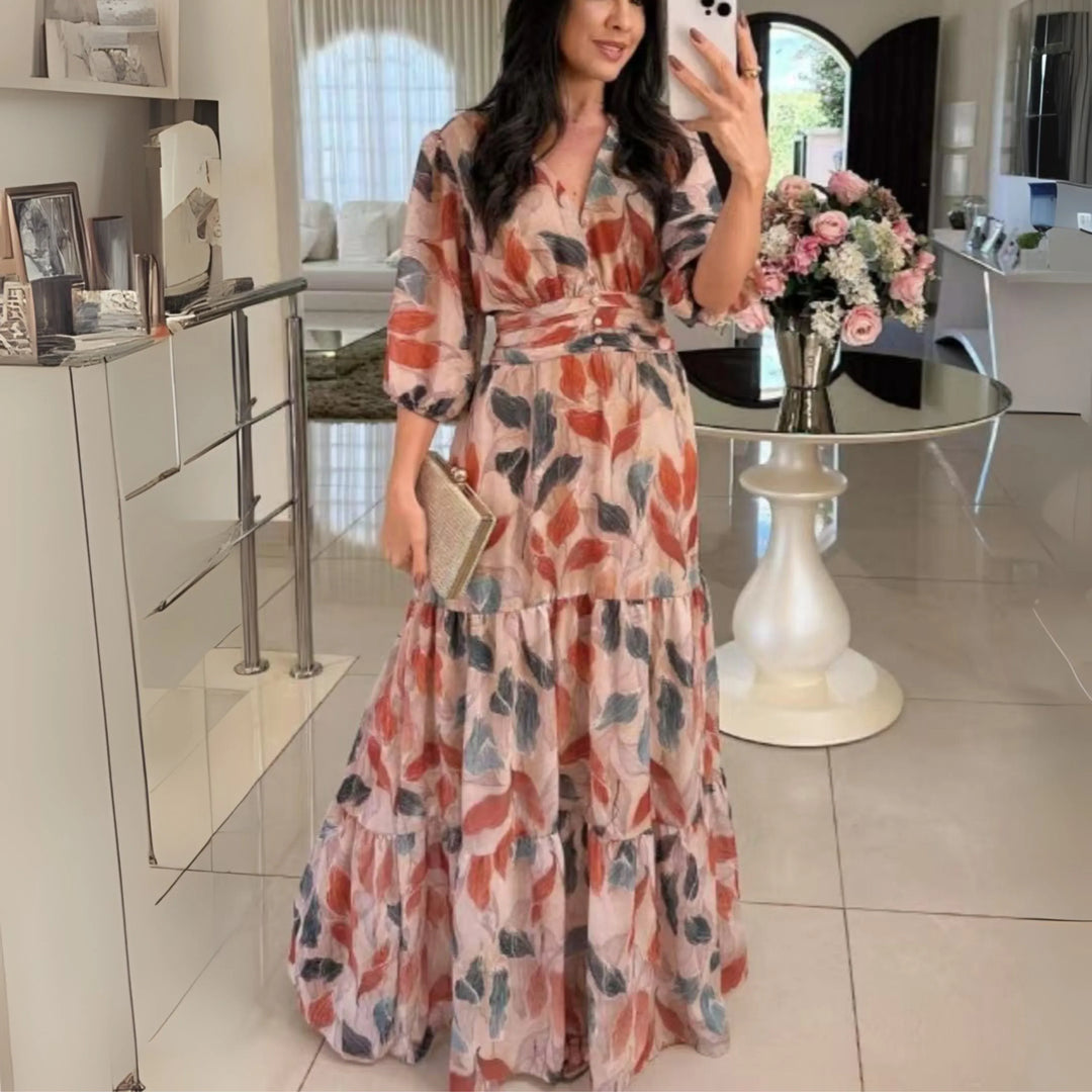 BELL™ - Elegant V-Neck Puff Sleeve Maxi Dress - MABEL LONDON