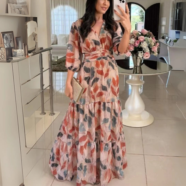 BELL™ - Elegant V-Neck Puff Sleeve Maxi Dress - MABEL LONDON