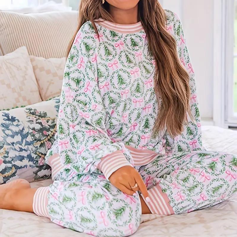 AUBREY™ - Cozy Christmas Bow Print Loungewear Set - MABEL LONDON