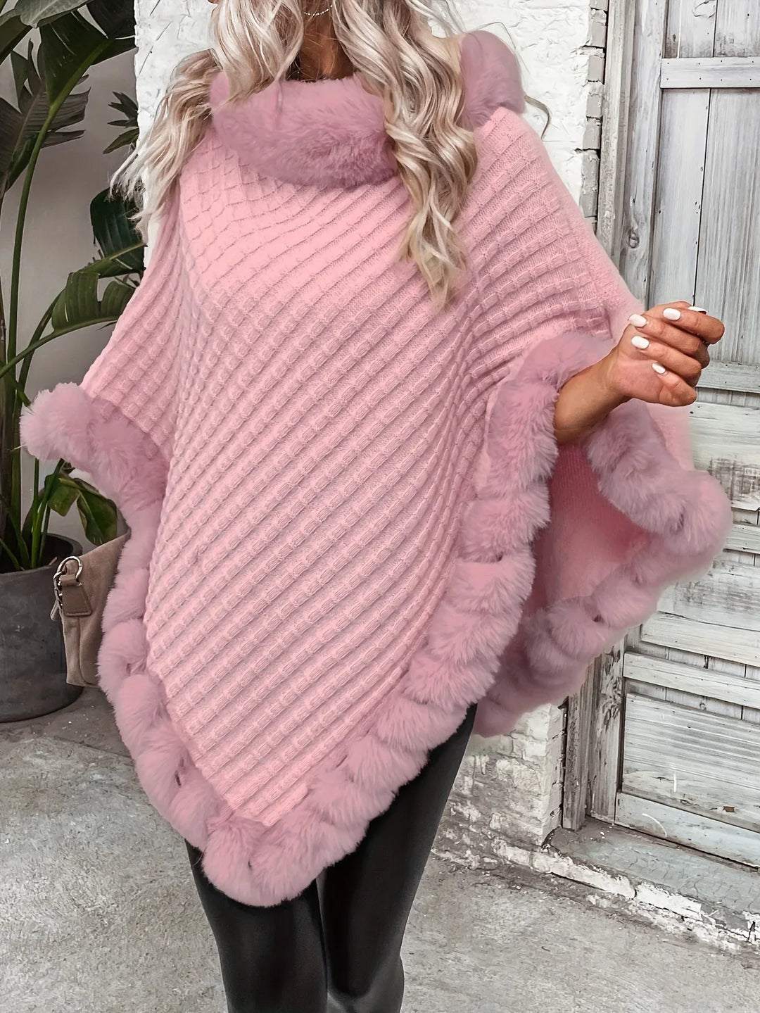 Elara – Faux Fur Trim Knit Poncho - MABEL LONDON