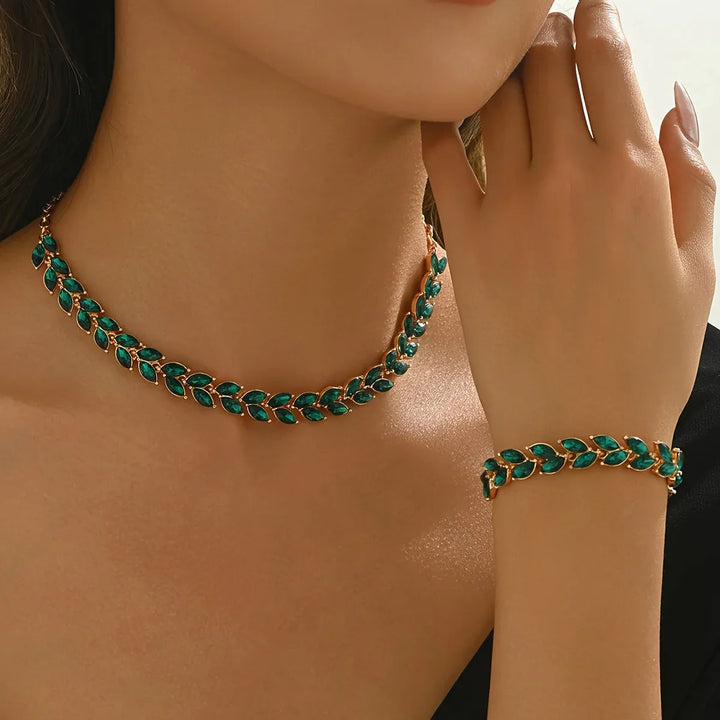 Elegant Green Crystal Necklace & Bracelet Duo - MABEL LONDON