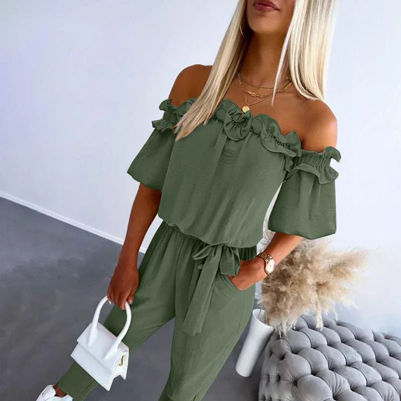 CAMILA™ – Chic Off Shoulder Frill Tie-Waist Jumpsuit - MABEL LONDON