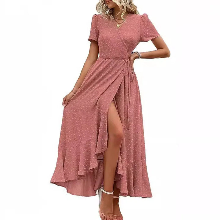 PILAR™ – Classy Flowy Wrap V-Neck Short Sleeve Maxi Dress - MABEL LONDON