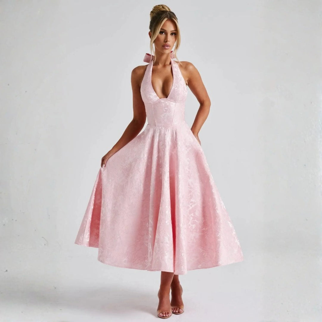 ZIORA™ - Chic Low Cut Sleeveless Open Back A-Line Halter Maxi Dress - MABEL LONDON