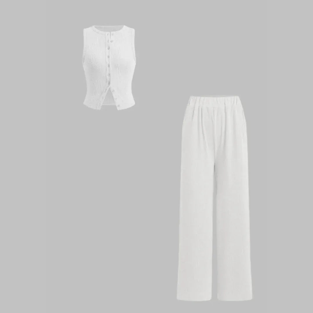 CLAIRE™ - Elegant Ribbed Button Tank and Pants Set - MABEL LONDON