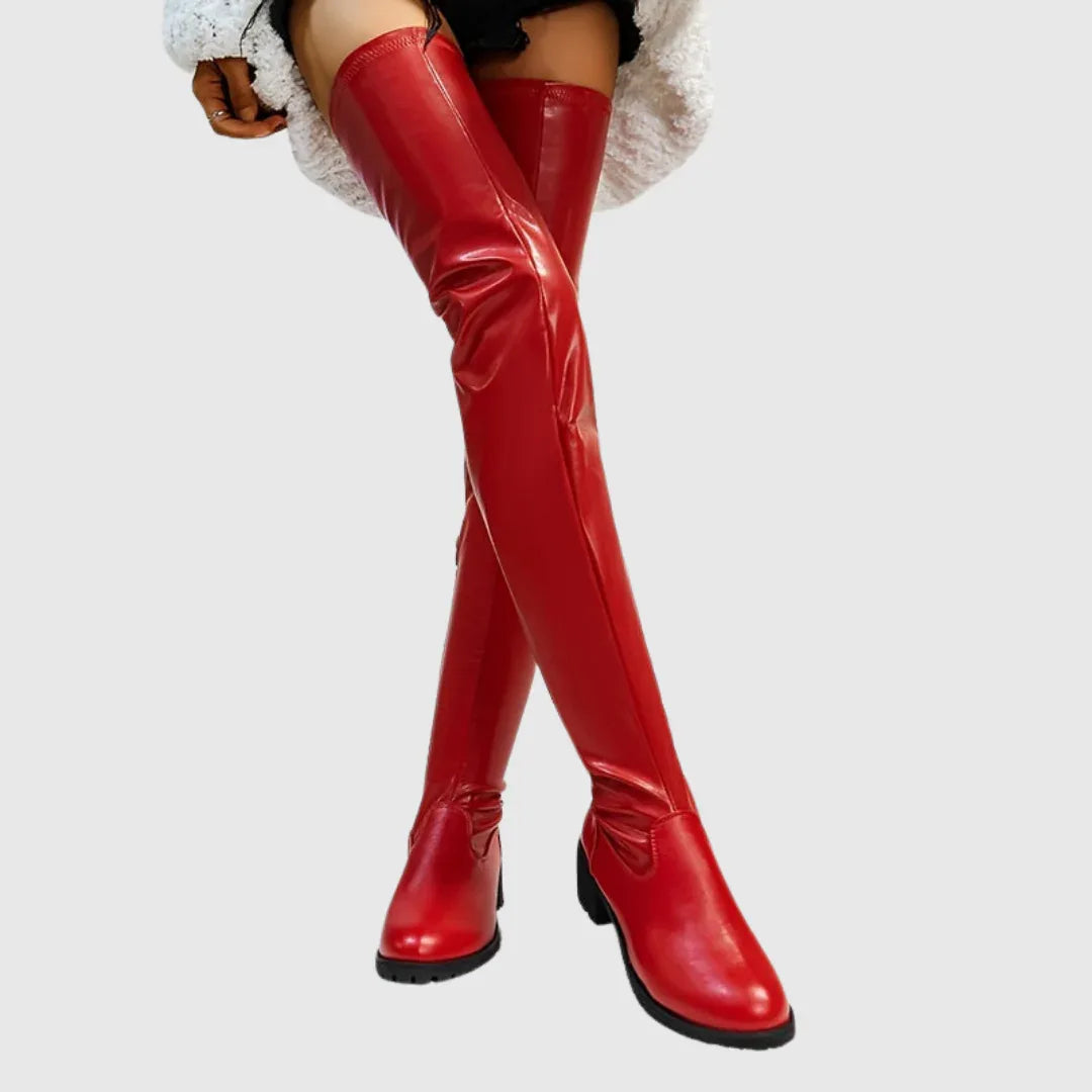 Fenisse | Chunky Heel Thigh-High Leather Boots - MABEL LONDON