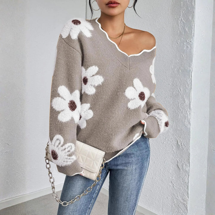 KYUPA™ - Casual Drop Shoulder Long Sleeve V-Neck Sweater - MABEL LONDON
