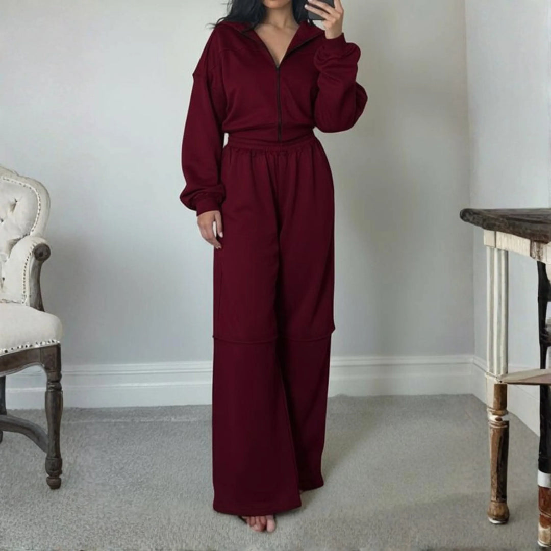 DARA™ - Comfy Zip Up Hooded Sweatshirt and Elastic Waist Pants Set - MABEL LONDON