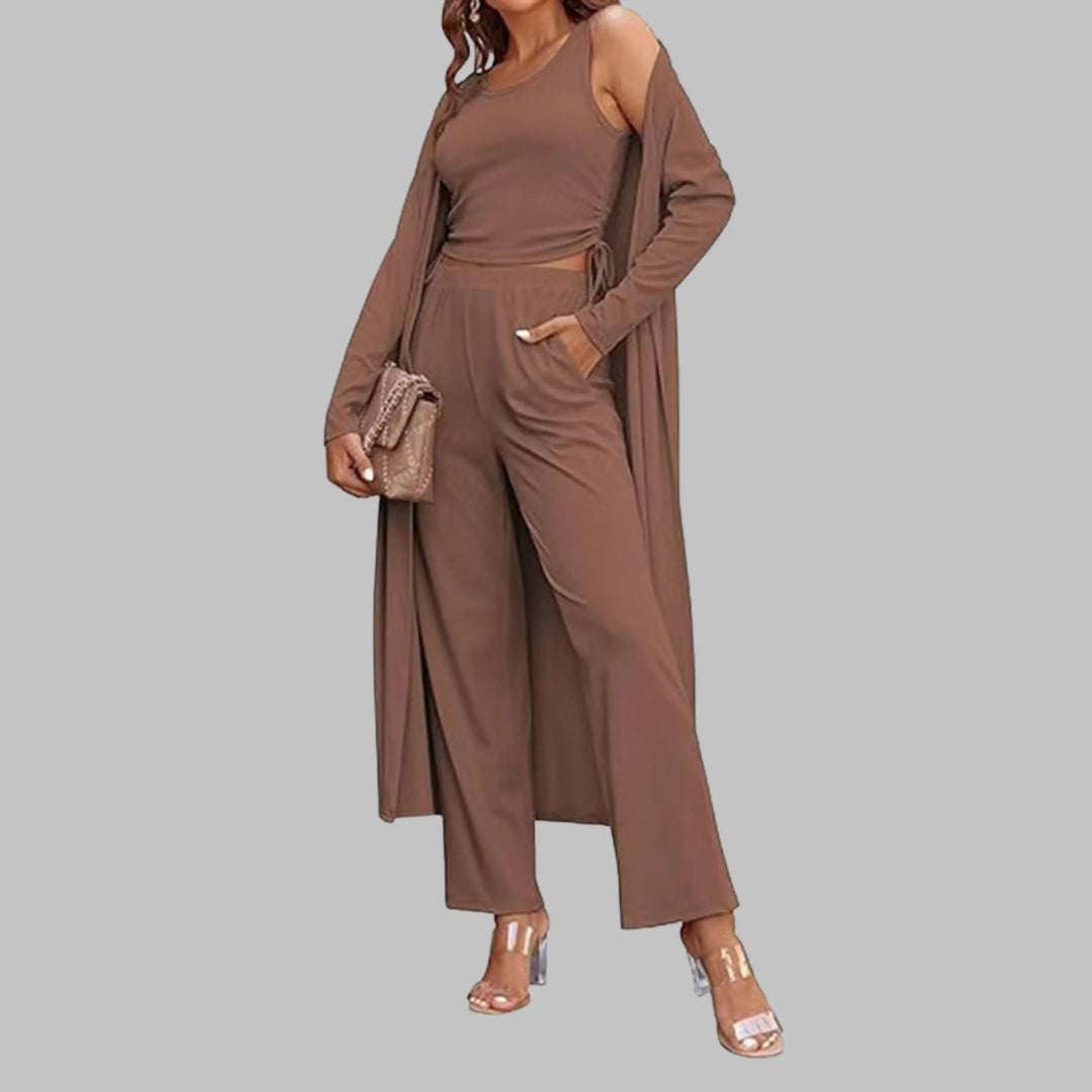 SANORA™ - Casual Lightweight Three Piece Long Cardigan Drawstring Top and Pants Sleepwear - MABEL LONDON