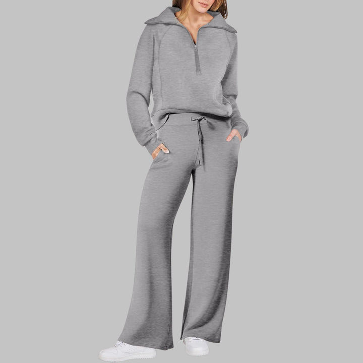 UDAY™ - Comfy Half Zip Sweatshirt and Wide Leg Pants Set - MABEL LONDON