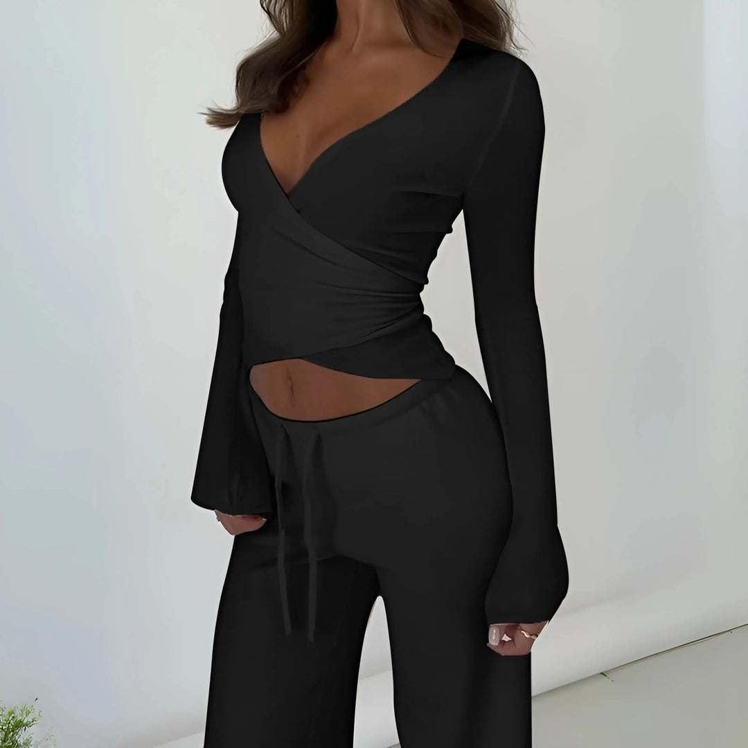 LETISA™ - Chic V-Neck Long Sleeve Top and Pants Set - MABEL LONDON