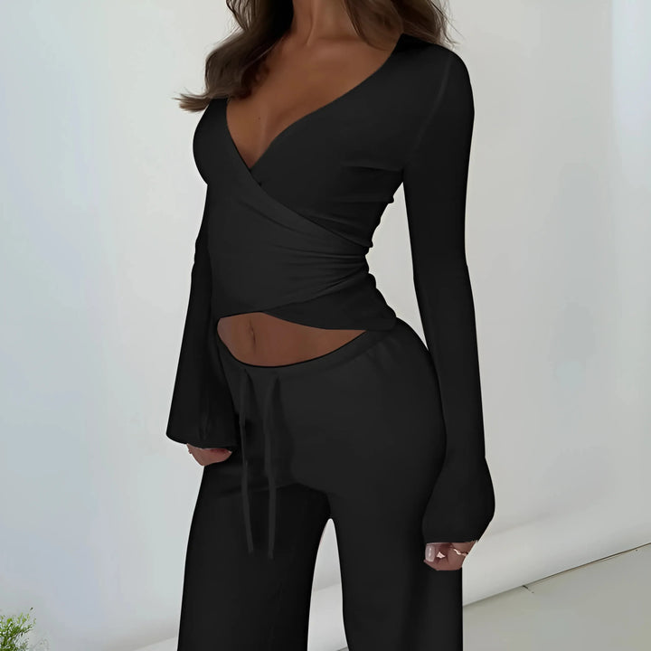 LETISA™ - Chic V-Neck Long Sleeve Top and Pants Set - MABEL LONDON