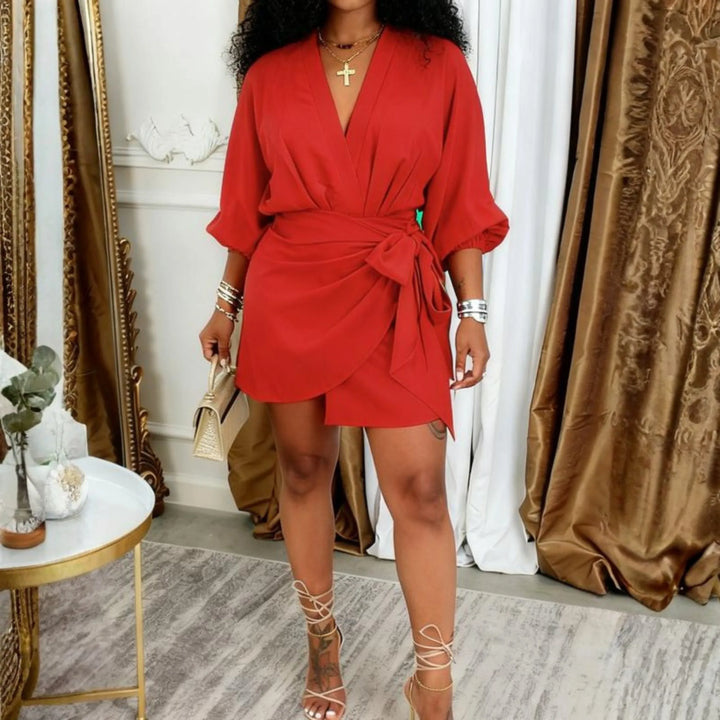 JEIYA™ - Chic Plain Side Tie Wrap V-Neck Bishop Party Mini Dress - MABEL LONDON