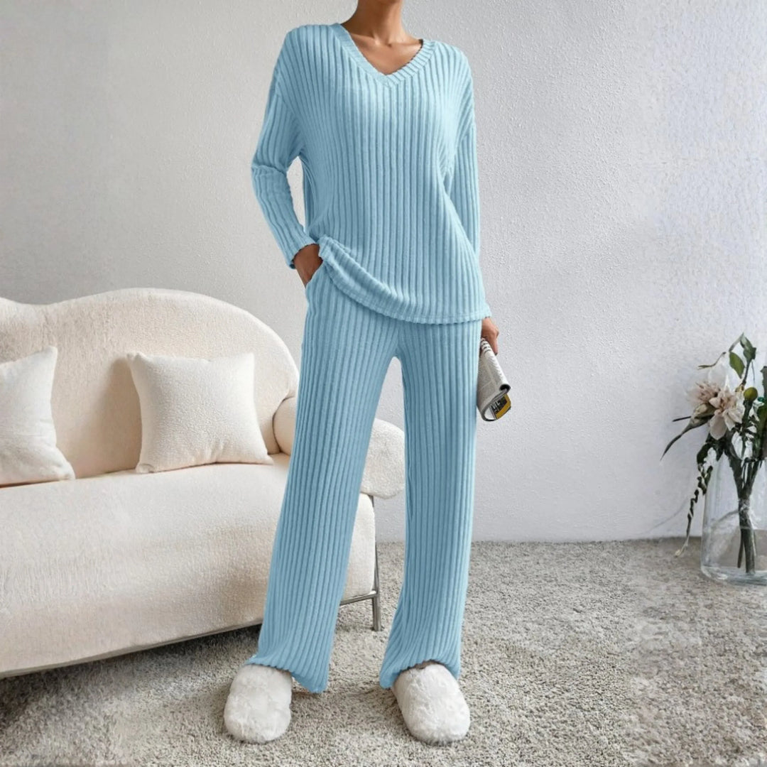 ENLINS™ - Casual Long Sleeve V-Neck Top and Pants Set - MABEL LONDON