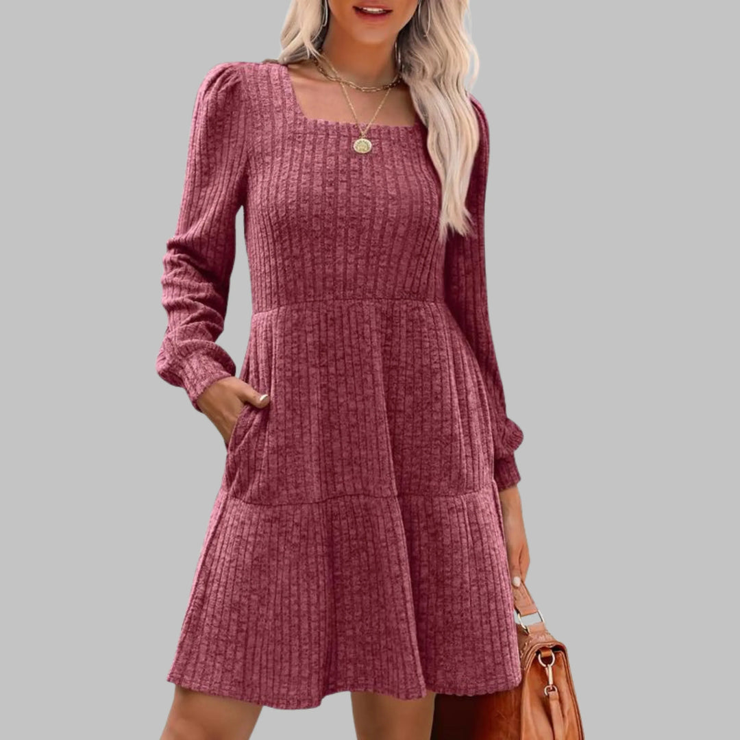 ULAN™ - Casual Square Neck Long Sleeve Midi Dress - MABEL LONDON