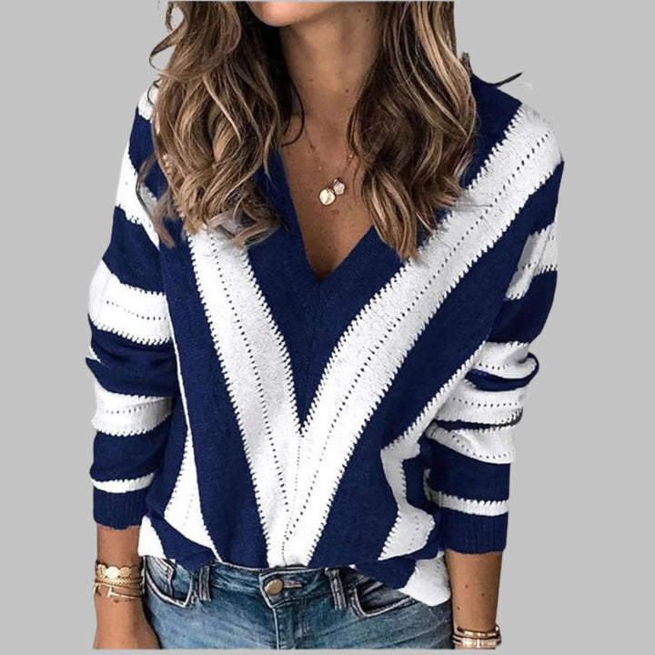IMANI™ - Casual V-Neck Striped Long Sleeve Sweater - MABEL LONDON