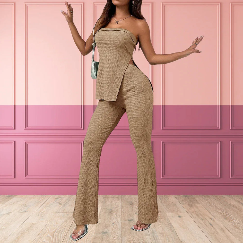 PEACHY™ - Elegant Split Hem Tube Top and Waist Pants Set - MABEL LONDON