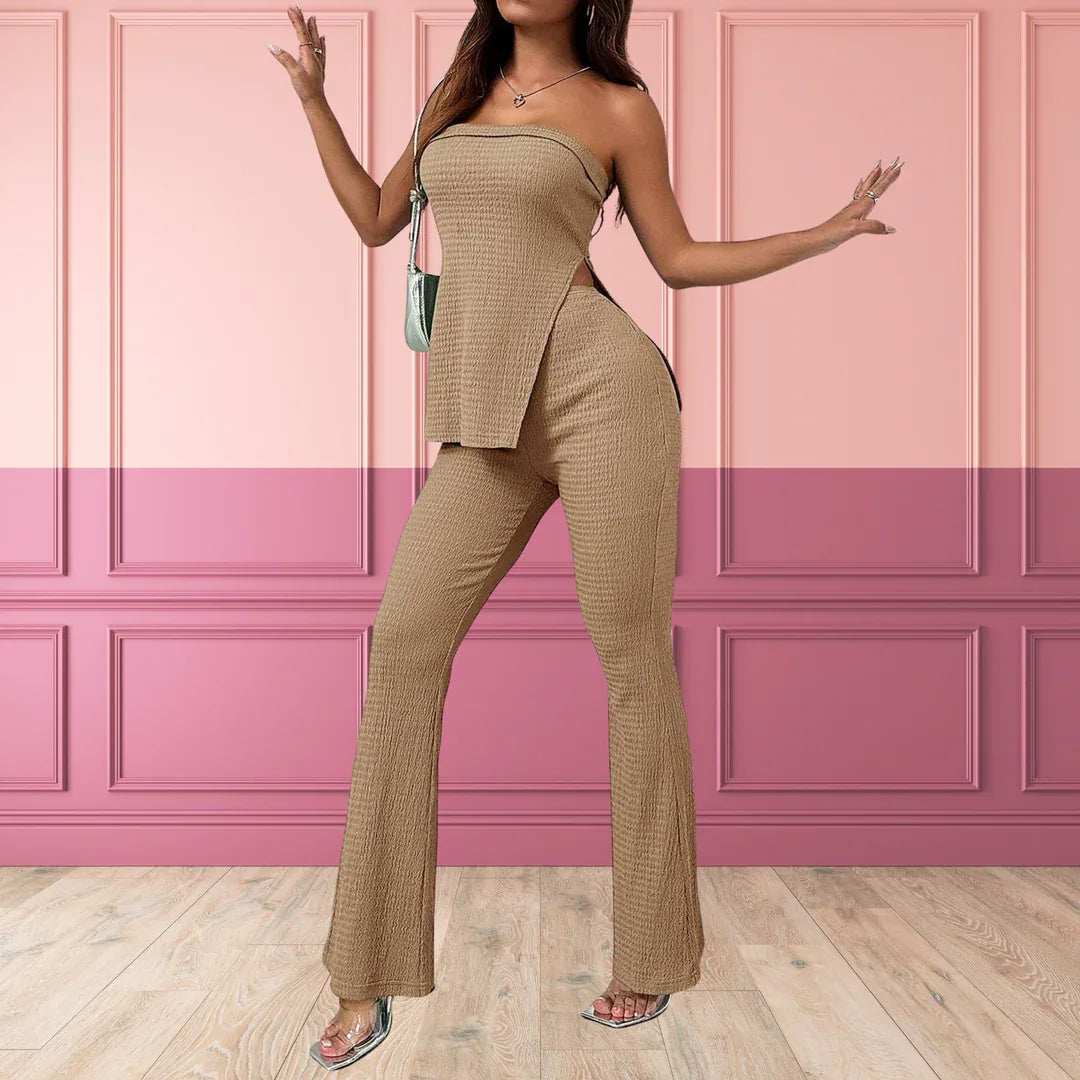 PEACHY™ - Elegant Split Hem Tube Top and Waist Pants Set - MABEL LONDON