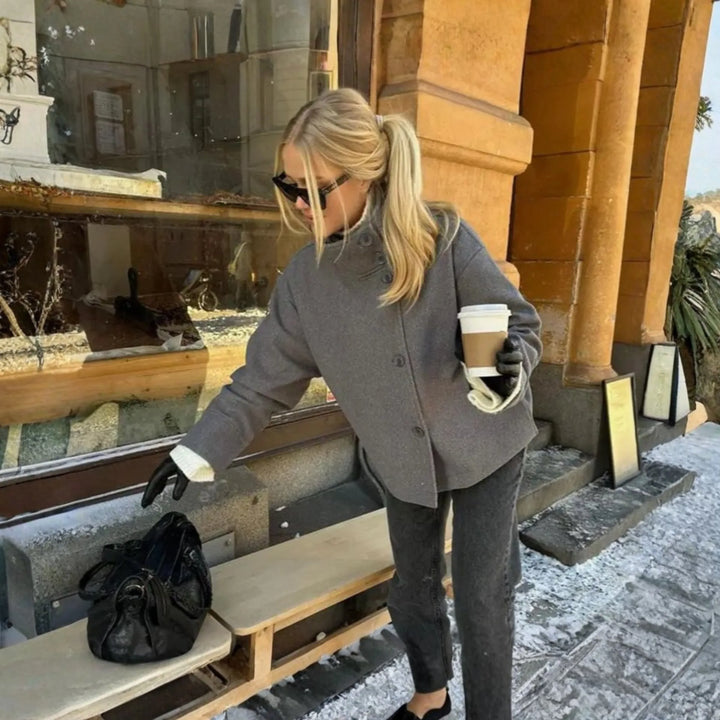 BHEKI™ - Chic Stand-Up Collar Long Sleeve Button Down Coat - MABEL LONDON