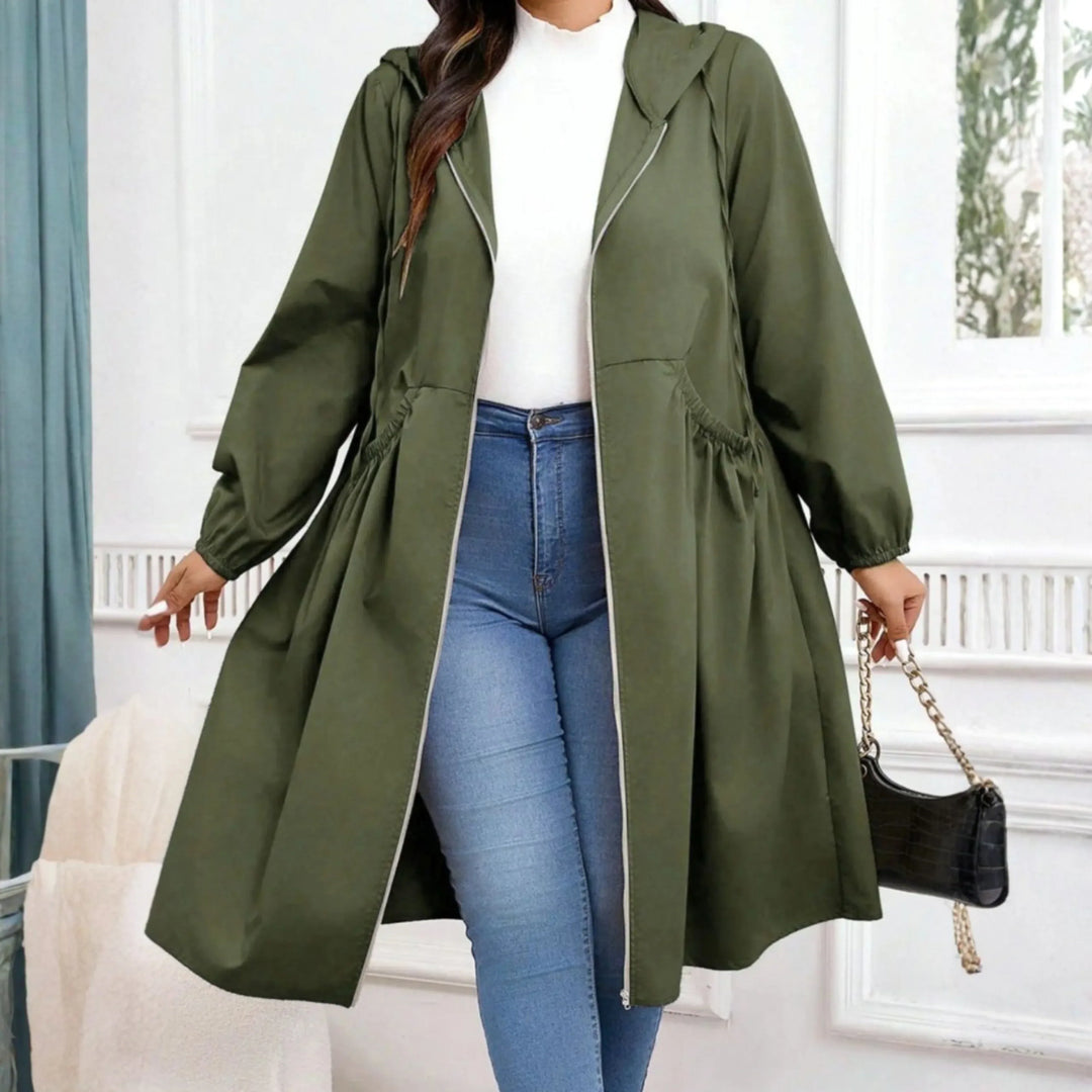 AVRIL™ - Casual Plus Size Drawstring Zip-Up Long Sleeve Hooded Coat - MABEL LONDON
