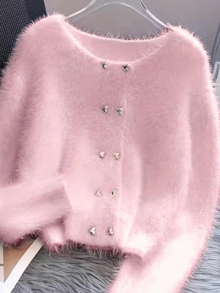 Luna – Fluffy Heart-Button Knit Sweater - MABEL LONDON