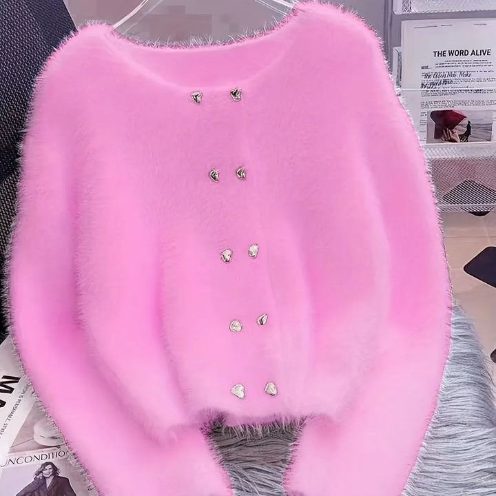 Luna – Fluffy Heart-Button Knit Sweater - MABEL LONDON