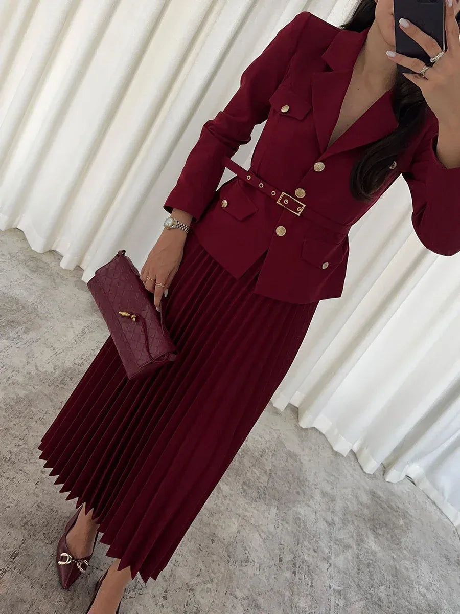 EMILIE™ - Chic Belted Blazer & Pleated Skirt Set - MABEL LONDON