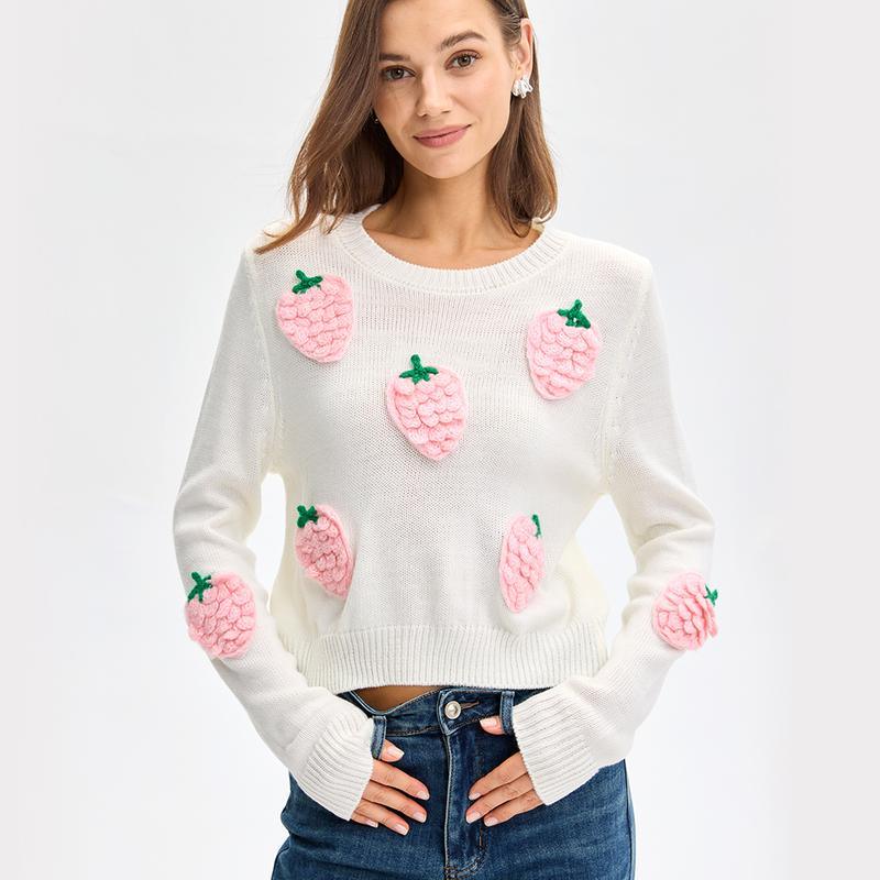 LANIE™ - Adorable Strawberry Embellished Long Sleeve Sweater - MABEL LONDON