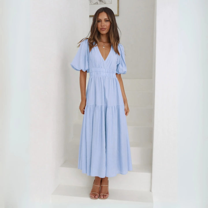 NAMU™ - Classy V-Neck Long Sleeve A-Line Maxi Dress - MABEL LONDON