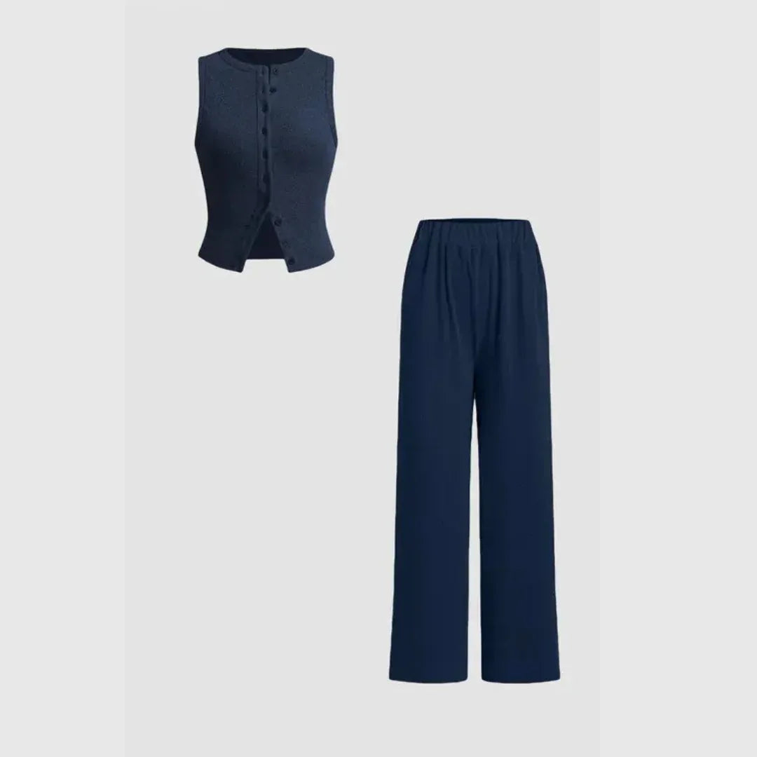 CLAIRE™ - Elegant Ribbed Button Tank and Pants Set - MABEL LONDON
