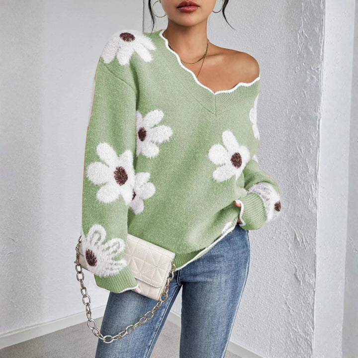 KYUPA™ - Casual Drop Shoulder Long Sleeve V-Neck Sweater - MABEL LONDON
