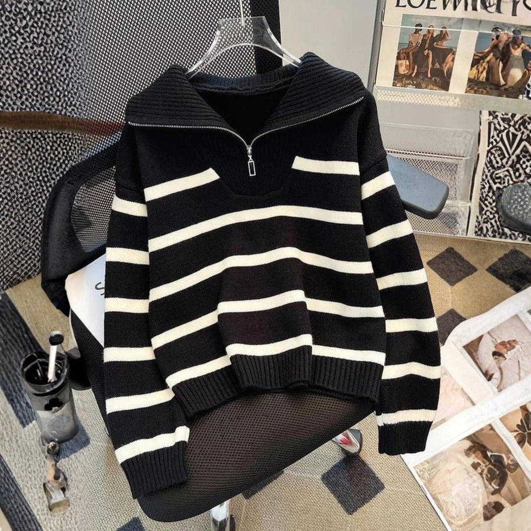NEVAEH™ - Chic Striped Long Sleeve Collared Top - MABEL LONDON