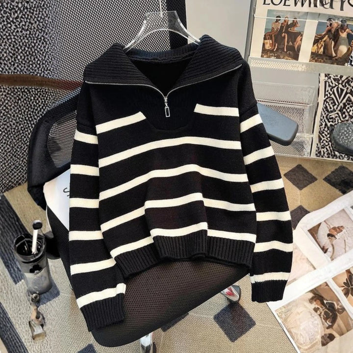 NEVAEH™ - Chic Striped Long Sleeve Collared Top - MABEL LONDON