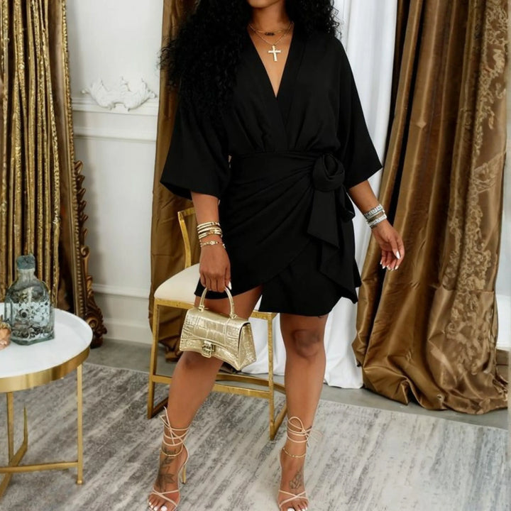 JEIYA™ - Chic Plain Side Tie Wrap V-Neck Bishop Party Mini Dress - MABEL LONDON