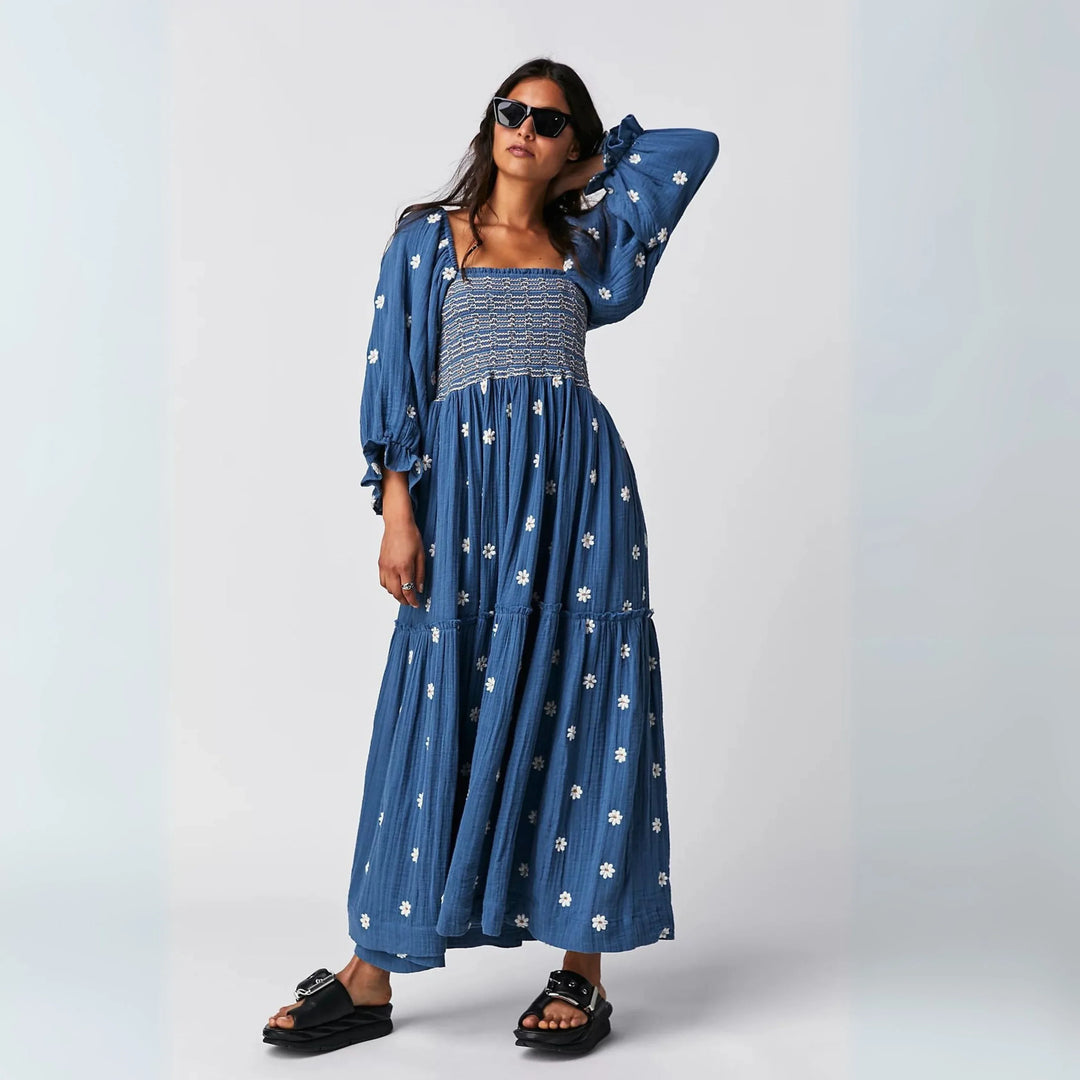 MOIRA™ - Comfy Floral Lantern Sleeve Square Neck Maxi Dress - MABEL LONDON
