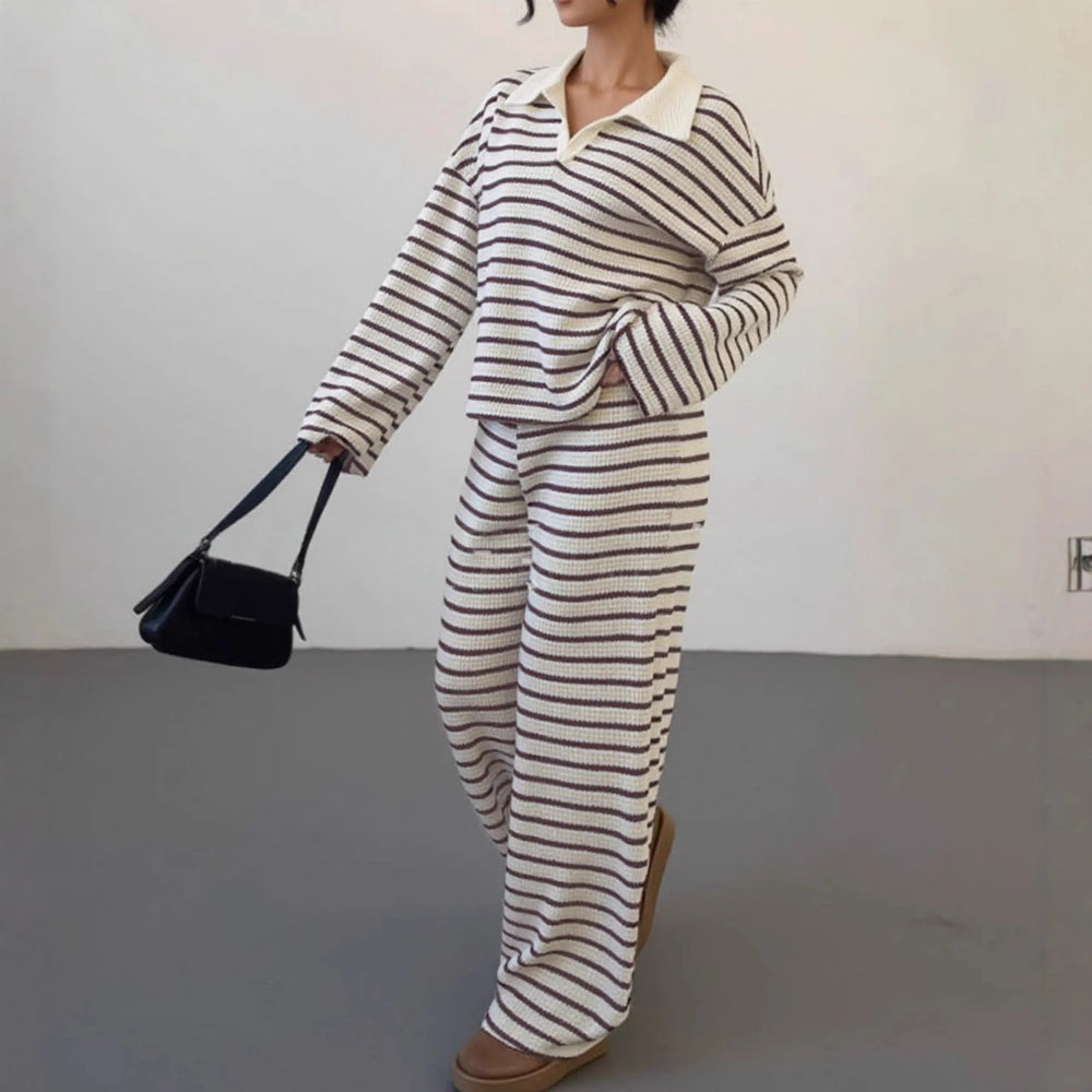 INCI™ - Casual Striped V-Neck Long Sleeve and Pants Set - MABEL LONDON