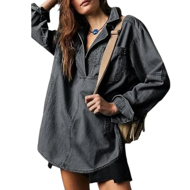 NALINAE™ – Chic V-Neck Denim Tunic Top - MABEL LONDON