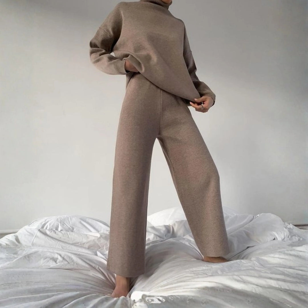 TADUM™ - Cozy Long Sleeve Turtleneck Top and Wide Leg Pants Set - MABEL LONDON