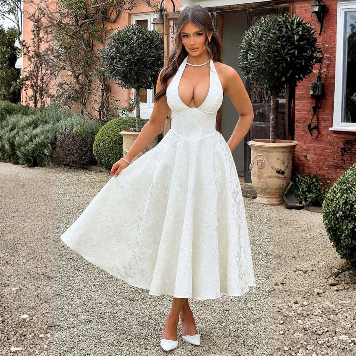 ZIORA™ - Chic Low Cut Sleeveless Open Back A-Line Halter Maxi Dress - MABEL LONDON