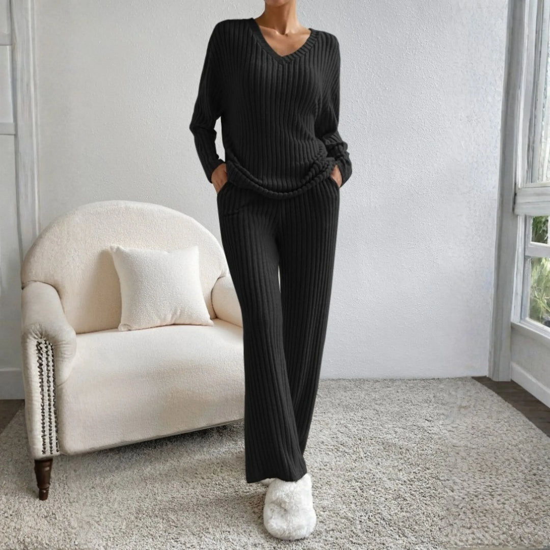 ENLINS™ - Casual Long Sleeve V-Neck Top and Pants Set - MABEL LONDON