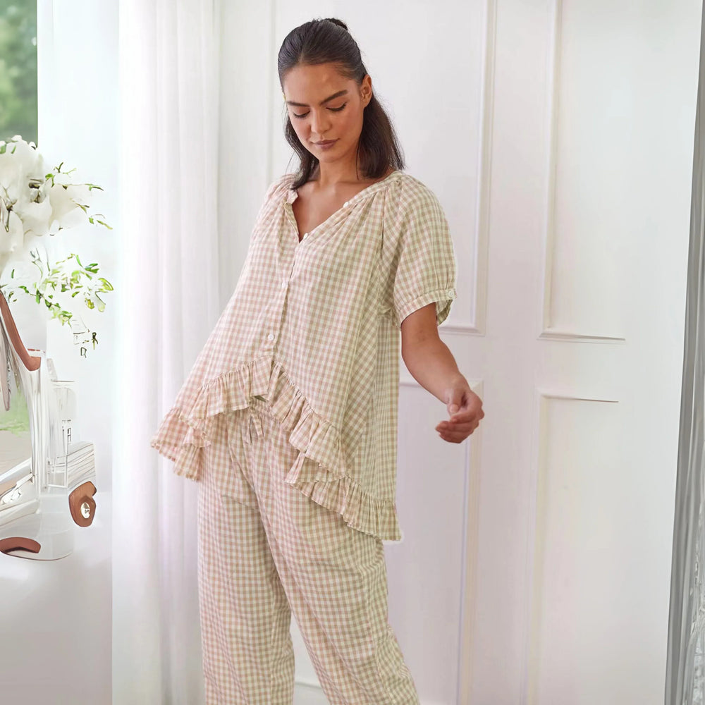 NEVERLAND™ - Casual Plaid Puff Sleeve Top and Pants Set - MABEL LONDON