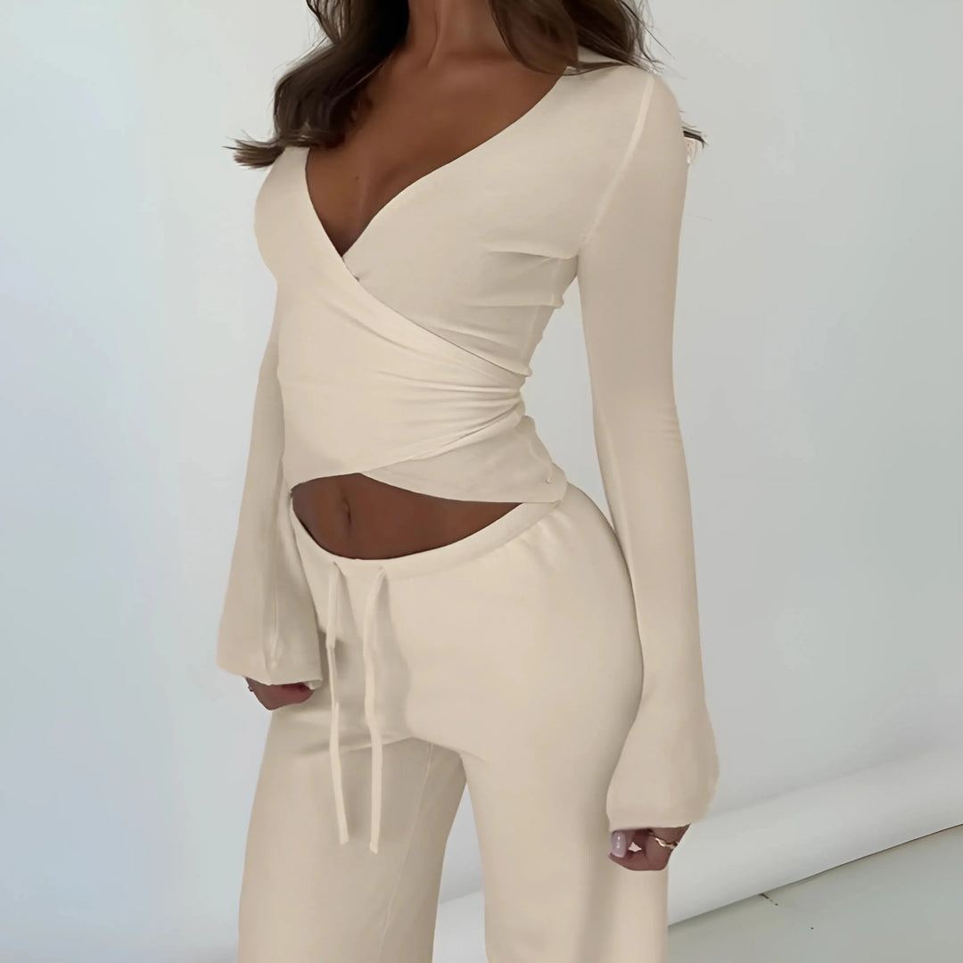 LETISA™ - Chic V-Neck Long Sleeve Top and Pants Set - MABEL LONDON