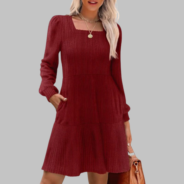 ULAN™ - Casual Square Neck Long Sleeve Midi Dress - MABEL LONDON