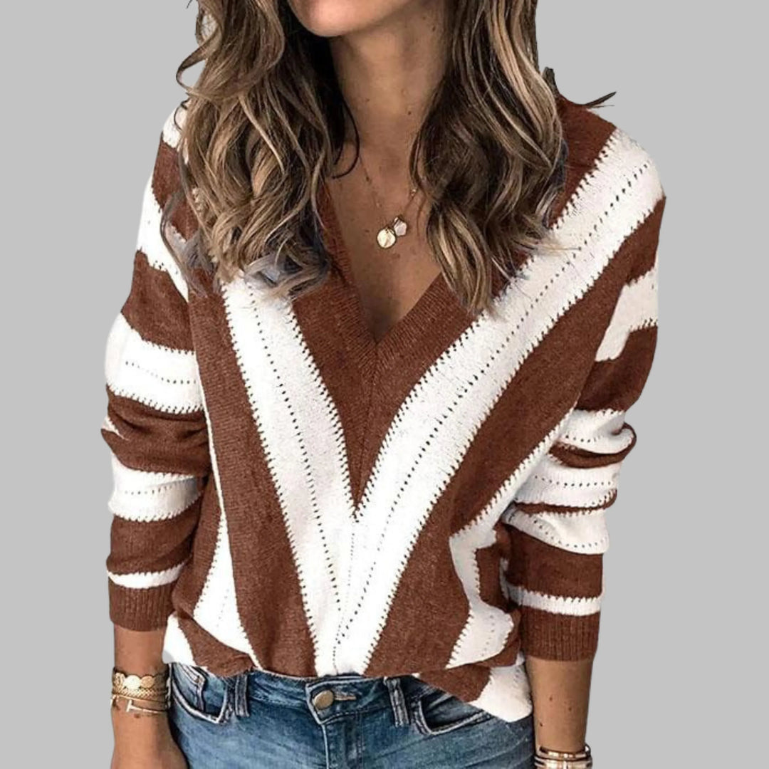 IMANI™ - Casual V-Neck Striped Long Sleeve Sweater - MABEL LONDON