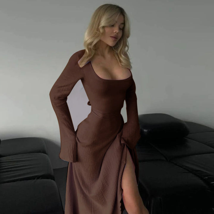 CILICIA™ - Classy Plain Flounce Long Sleeve Square Neck A-Line Maxi Dress - MABEL LONDON