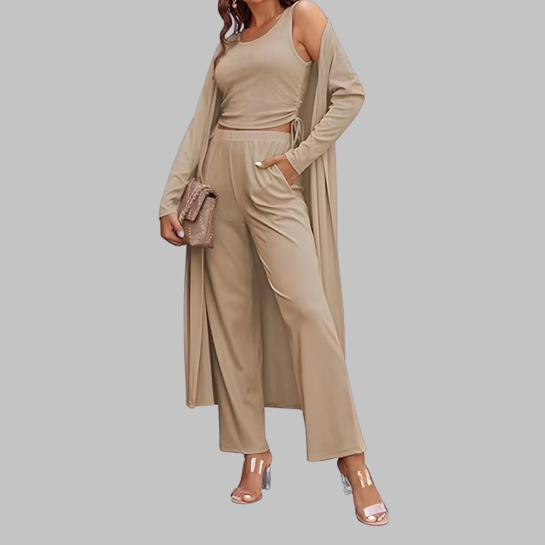 SANORA™ - Casual Lightweight Three Piece Long Cardigan Drawstring Top and Pants Sleepwear - MABEL LONDON