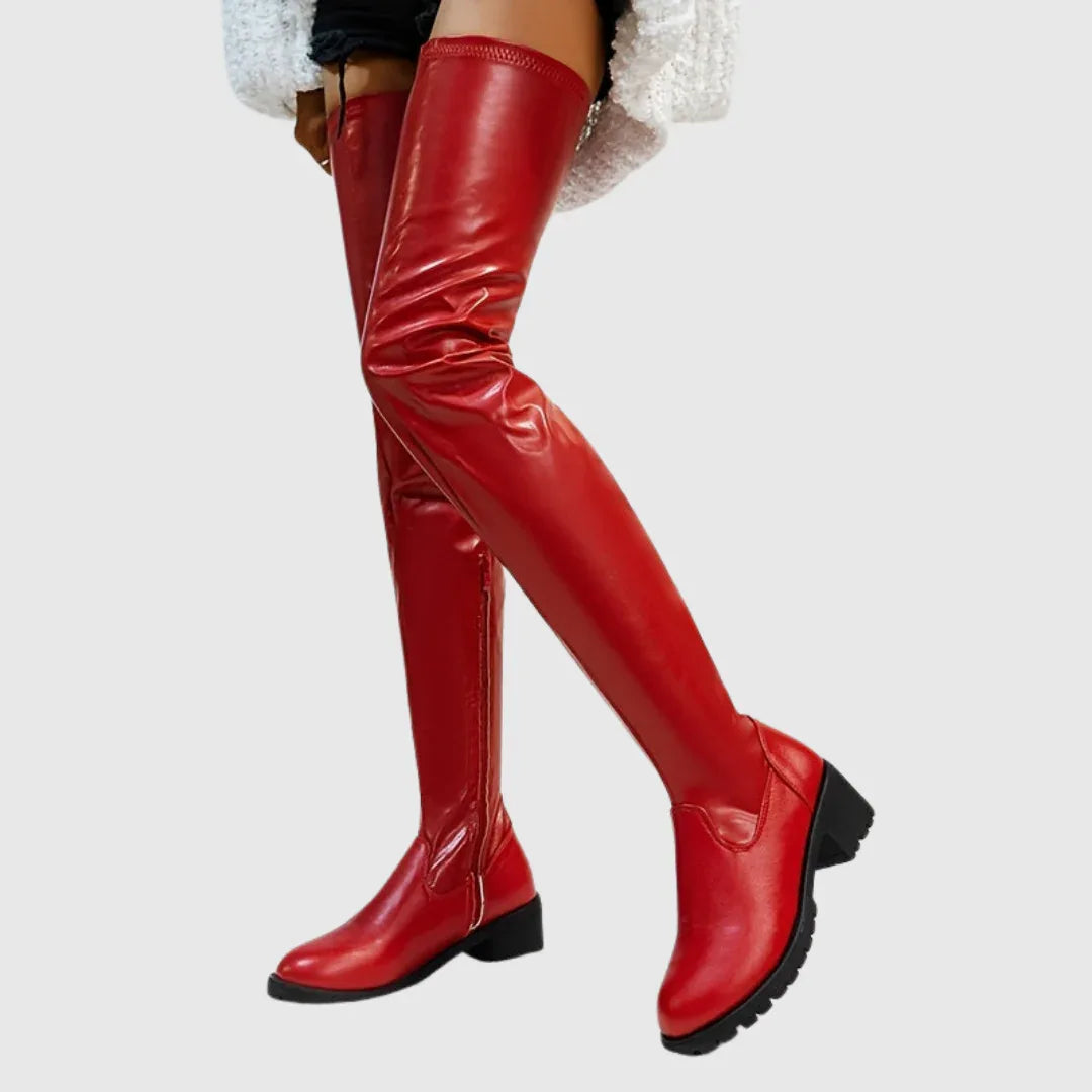 Fenisse | Chunky Heel Thigh-High Leather Boots - MABEL LONDON