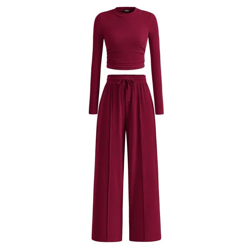 MIRELA™ - Ribbed Knit Long Sleeve Crop Top and Matching Pants Set - MABEL LONDON